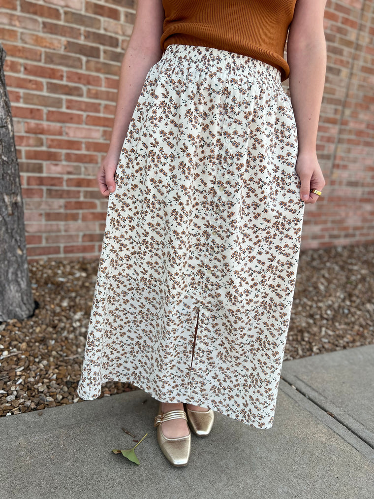 CREAM FLORAL MIDI SKIRT