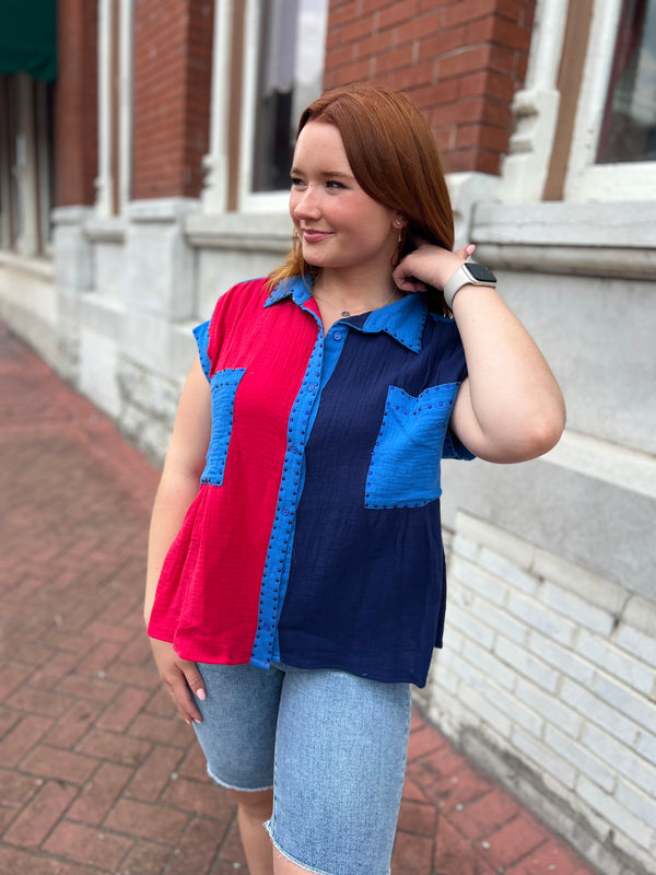RED AND BLUE COLORBLOCK TOP