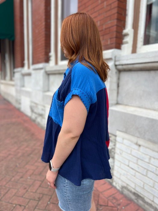 RED AND BLUE COLORBLOCK TOP