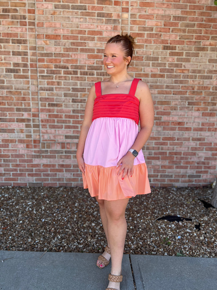 RED COMBO PLEATED DRESS