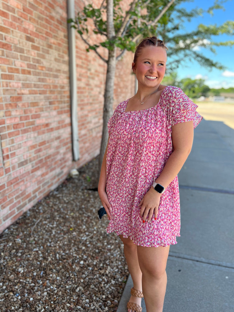 PLEATED FLORAL PINK DRESS